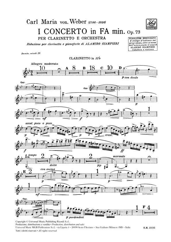 Concerto n. 1 in Fa min. Op. 73 - Per Clarinetto E Orchestra - Riduzione Per Clarinetto E Pianoforte - klarinet a klavír